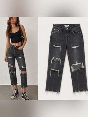 Pistola Distressed Charcoal Gray Crop Straight Jeans Size 26 Grunge Raw Hem Punk